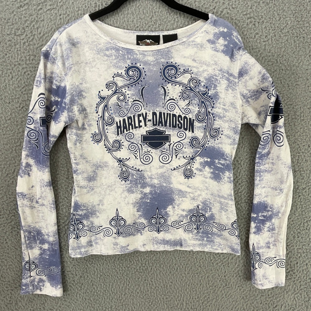 Harley Davidson Shirt Womens Small Blue White Acid Wash Rhinestone Americana
